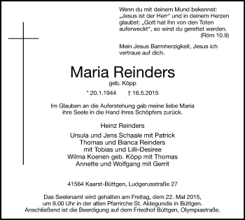 Traueranzeige von Maria Reinders von Stadtanzeiger Emmerich/Rees/Isselburg