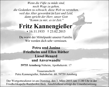 Traueranzeige von Fritz Kannengießer von Kombi WA Arnsberg + Sundern