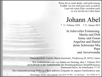 Traueranzeige von Johann Abel von Lüner Anzeiger