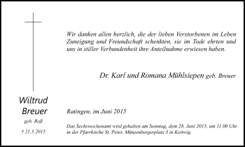 Traueranzeige von Wiltrud Breuer von Kettwig Kurier