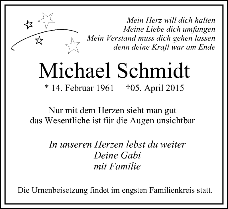  Traueranzeige für Michael Schmidt vom 11.04.2015 aus Nord Anzeiger Essen