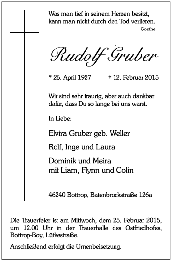 Traueranzeige von Rudolf Gruber von WVW Anzeigenblätter