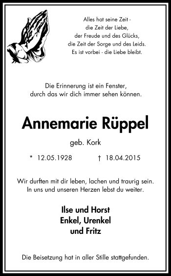 Traueranzeige von Annemarie Rüppel von Stadtanz.Castrop-Rauxel