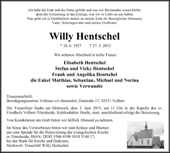 Traueranzeige von Willy Hentschel von Stadtanzeiger Velbert + Heiligenhaus