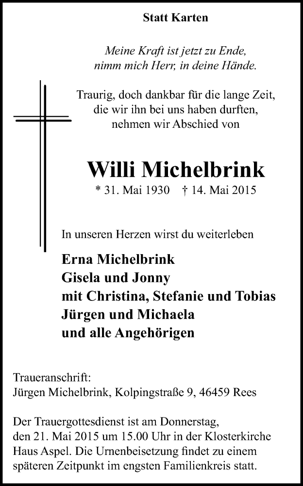  Traueranzeige für Willi Michelbrink vom 20.05.2015 aus Stadtanzeiger Emmerich/Rees/Isselburg
