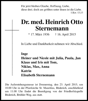 Traueranzeige von Heinrich Otto Sternemann von Stadtanz.Castrop-Rauxel
