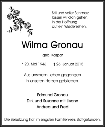 Traueranzeige von Wilma Gronau von WVW Anzeigenblätter