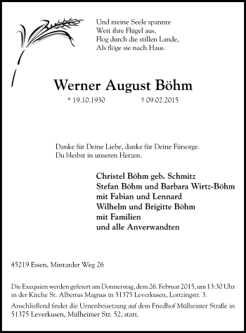 Traueranzeige von Werner August Böhm von Kettwig Kurier
