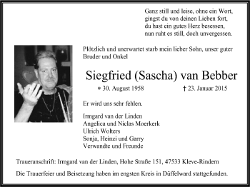 Traueranzeige von Siegfried van Bebber von WVW Anzeigenblätter