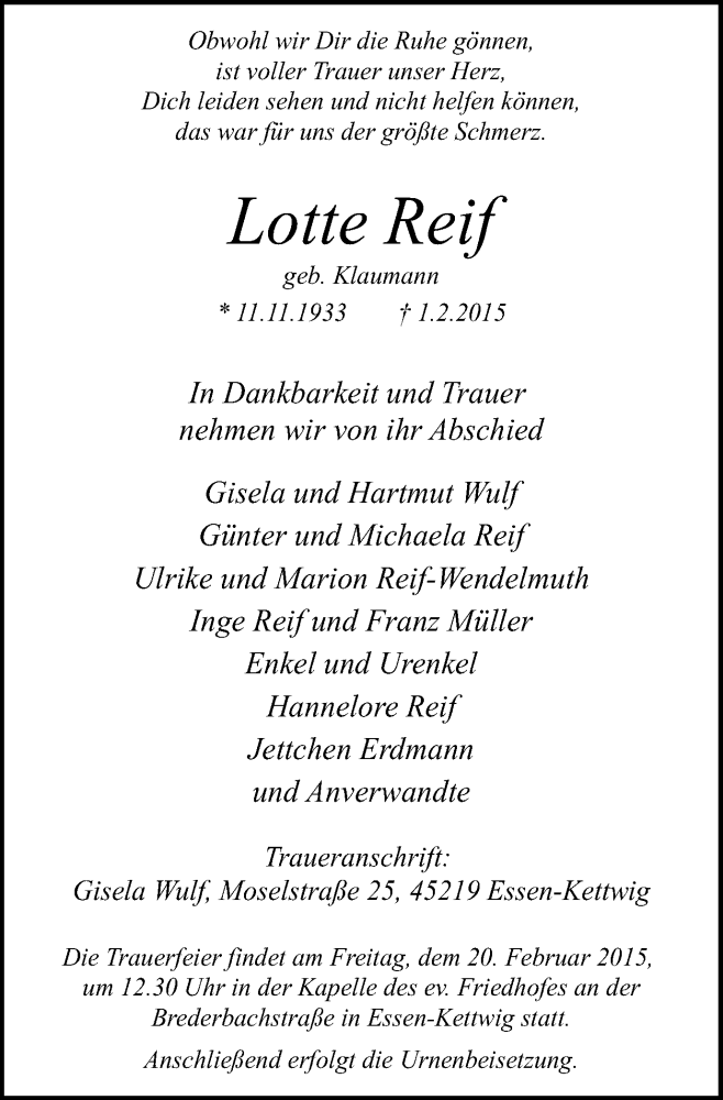  Traueranzeige für Lotte Reif vom 18.02.2015 aus Kettwig Kurier
