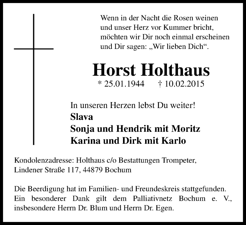  Traueranzeige für Horst Holthaus vom 21.02.2015 aus WVW Anzeigenblätter