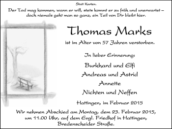 Traueranzeige von Thomas Marks von Stadtspiegel Hattingen/Niedersprockhövel