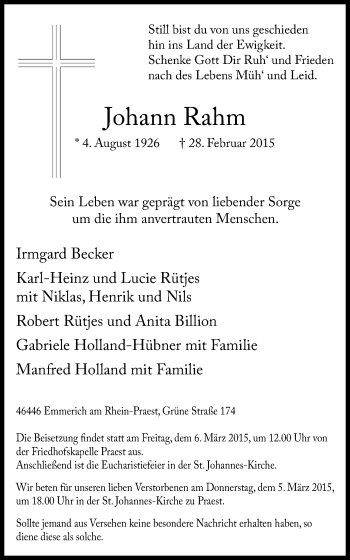 Traueranzeige von Johann Rahm von Stadtanzeiger Emmerich/Rees/Isselburg