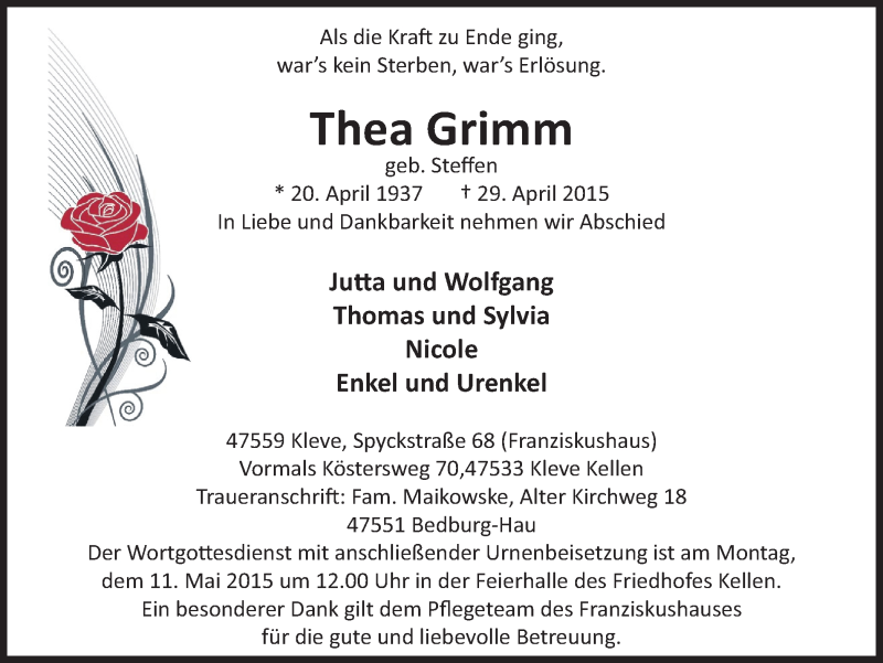  Traueranzeige für Thea Grimm vom 06.05.2015 aus Klever Wochenblatt