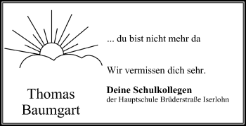 Traueranzeige von Thomas Baumgart von Stadtspiegel Iserlohn + Hemer