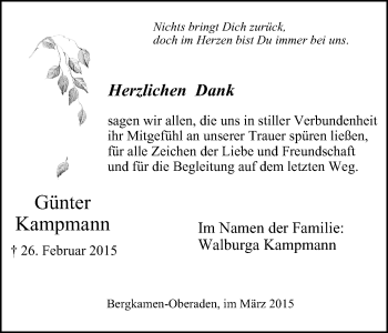 Traueranzeige von Günter Kampmann von Lüner Anzeiger