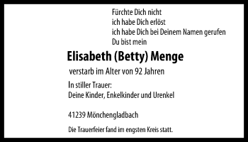 Traueranzeige von Elisabeth Betty Menge von WVW Anzeigenblätter