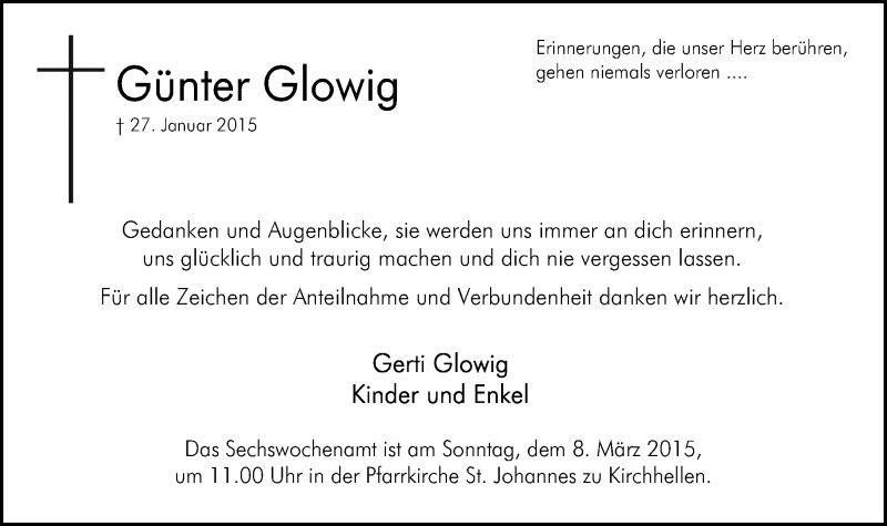  Traueranzeige für Günter Glowig vom 04.03.2015 aus Stadtspiegel Bottrop
