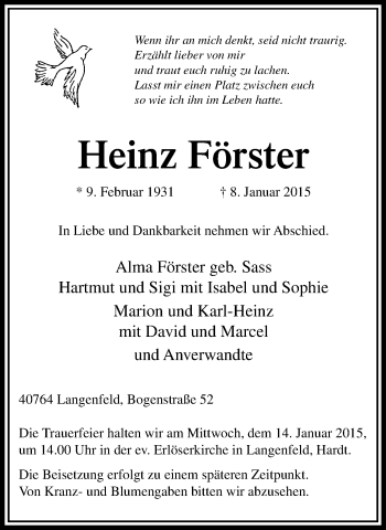 Traueranzeige von Heinz Förster von Wochen-Anzeiger Langenfeld/Monheim/Hilden