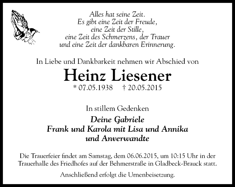  Traueranzeige für Heinz Liesener vom 03.06.2015 aus Stadtspiegel Gladbeck