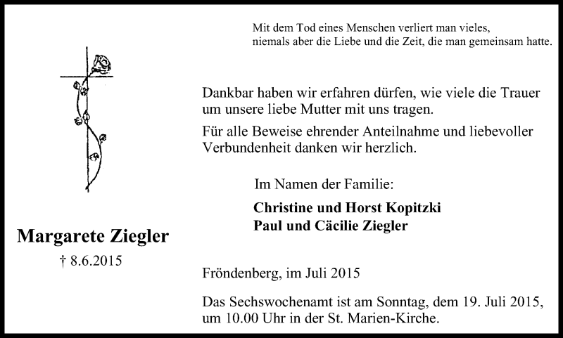  Traueranzeige für Margarete Ziegler vom 11.07.2015 aus Stadtspiegel Menden + Froendenberg