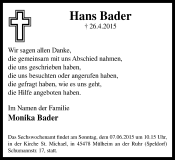 Traueranzeige von Hans Bader von Mülheimer Woche