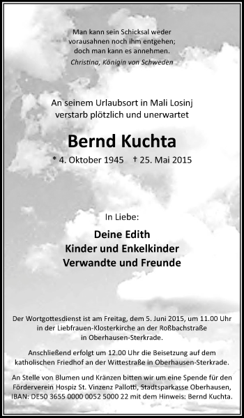 Traueranzeige von Bernd Kuchta von Wochen-Anzeiger Oberhausen