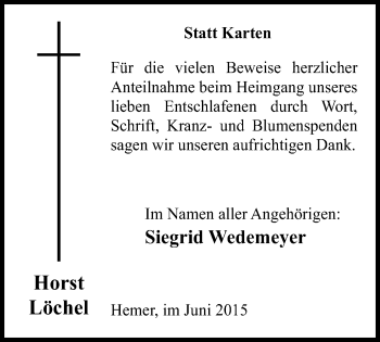 Traueranzeige von Horst Löchel von Stadtspiegel Iserlohn + Hemer