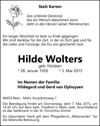Traueranzeige von Hilde Wolters von Stadtanzeiger Emmerich/Rees/Isselburg