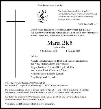 Traueranzeige von Maria Bleß von Klever Wochenblatt