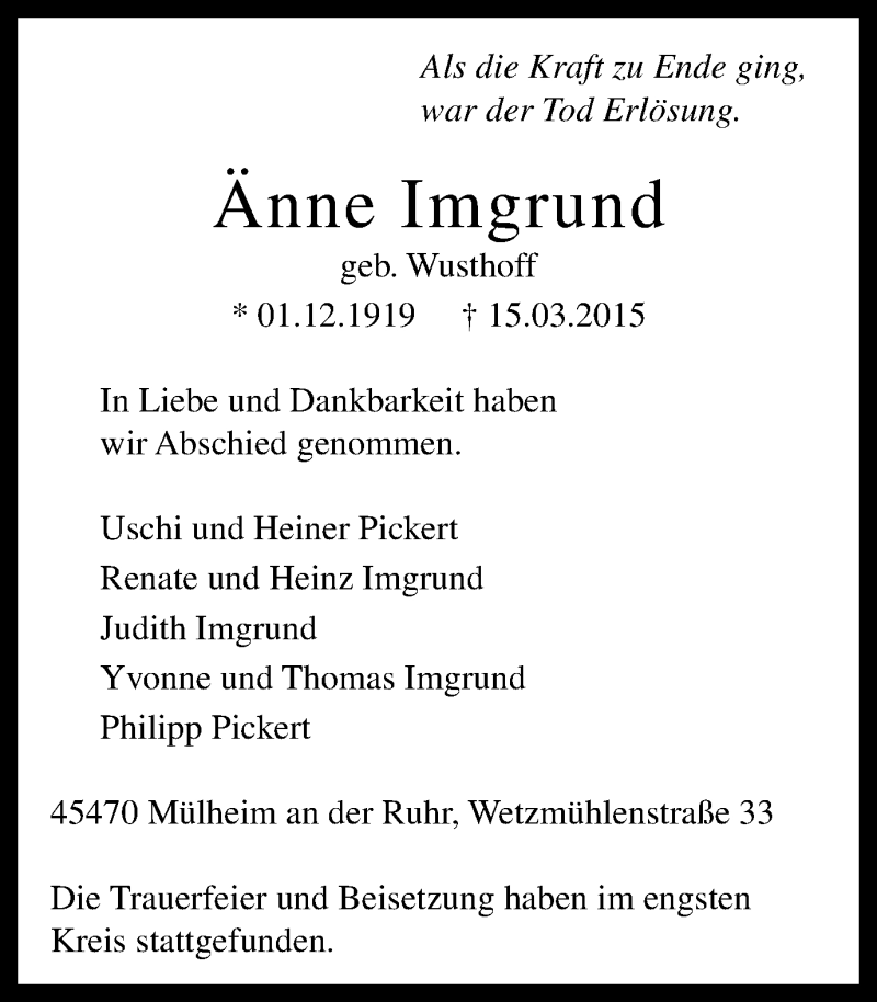  Traueranzeige für Anne Imgrund vom 11.04.2015 aus Mülheimer Woche