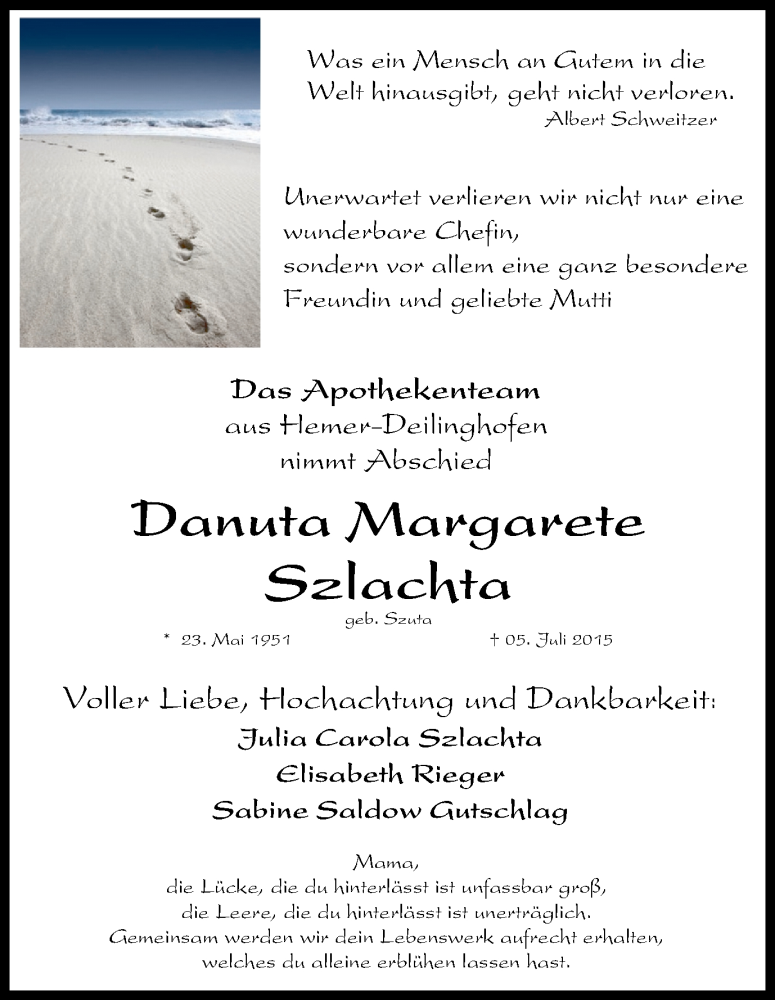  Traueranzeige für Danuta Margarete Szlachta vom 18.07.2015 aus Stadtspiegel Iserlohn + Hemer