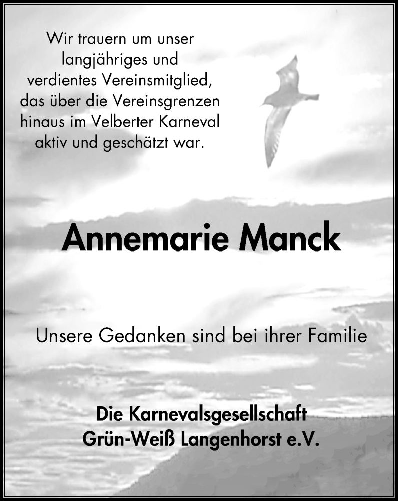  Traueranzeige für Annemarie Manck vom 22.04.2015 aus Stadtanzeiger Velbert + Heiligenhaus