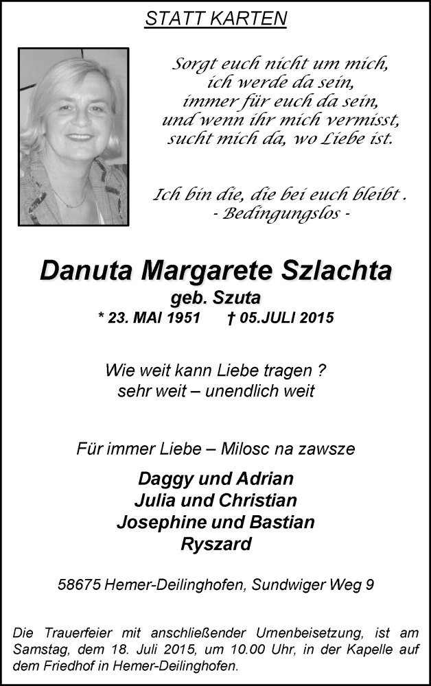  Traueranzeige für Danuta Margarete Szlachta vom 11.07.2015 aus Stadtspiegel Iserlohn + Hemer