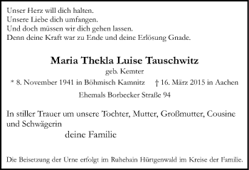 Traueranzeige von Maria Thekla Luise Tauschwitz von Mülheimer Woche