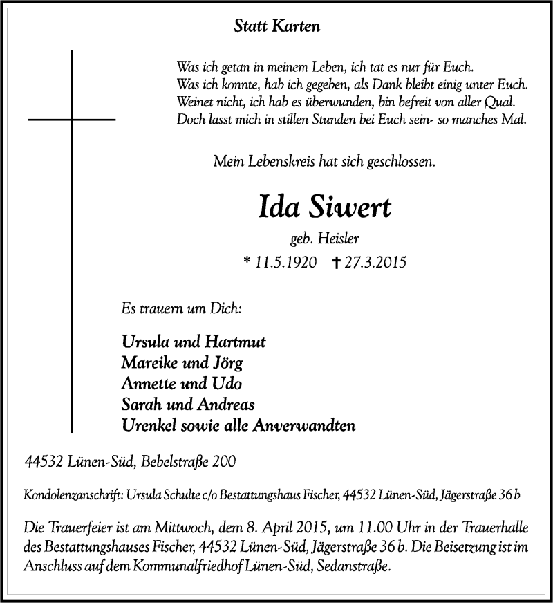  Traueranzeige für Ida Siwert vom 01.04.2015 aus Lüner Anzeiger