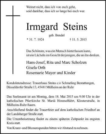 Traueranzeige von Irmgard Steins von Mülheimer Woche
