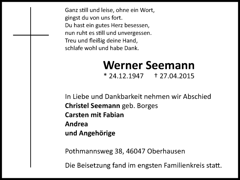  Traueranzeige für Werner Seemann vom 02.05.2015 aus Wochen-Anzeiger Oberhausen