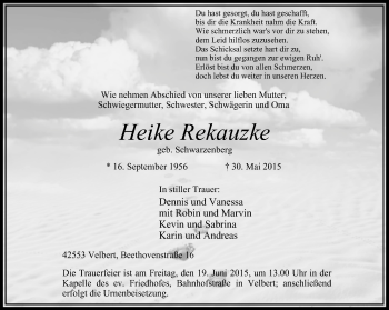 Traueranzeige von Heike Rekauzke von Stadtanzeiger Velbert + Heiligenhaus