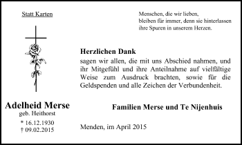 Traueranzeige von Adelheid Merse von Stadtspiegel Menden + Froendenberg
