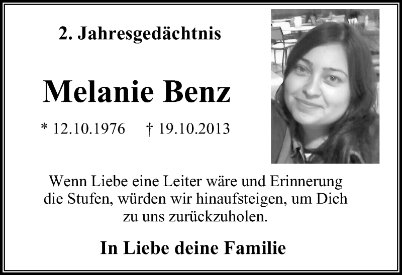  Traueranzeige für Melanie Benz vom 24.10.2015 aus Mülheimer Woche