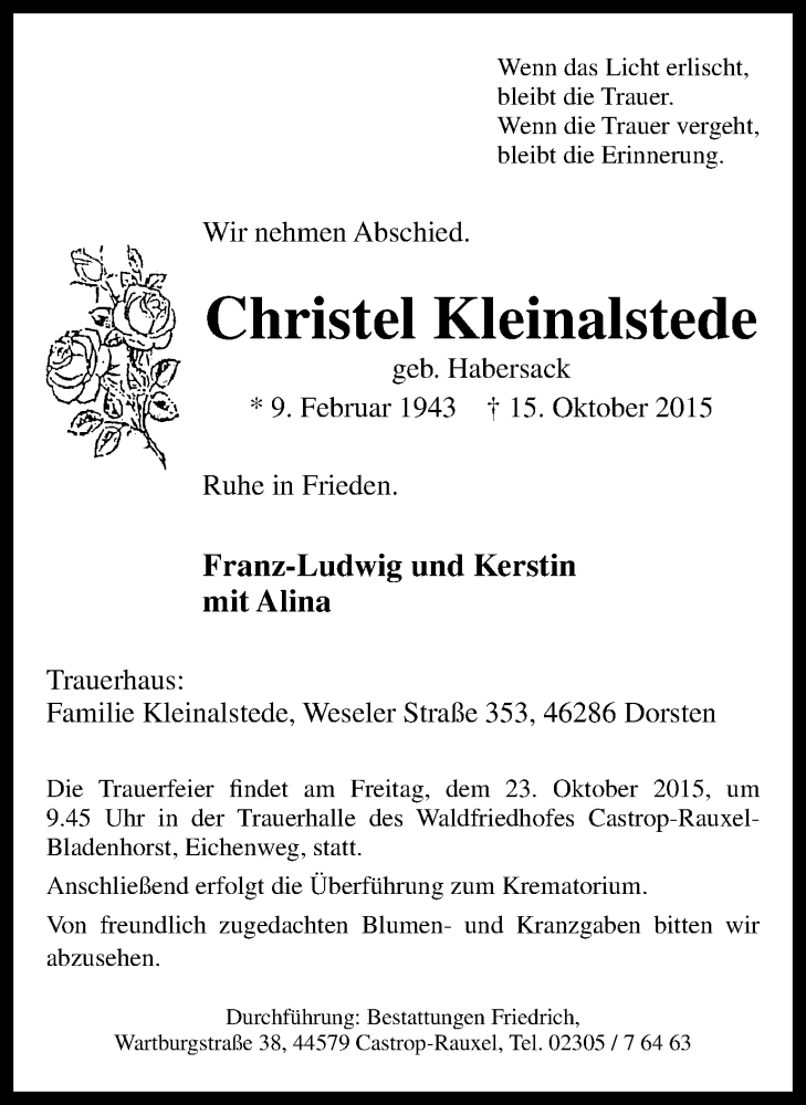  Traueranzeige für Christel Kleinalstede vom 21.10.2015 aus Stadtanz.Castrop-Rauxel