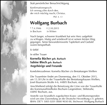 Traueranzeige von Wolfgang Burbach von Witten aktuell