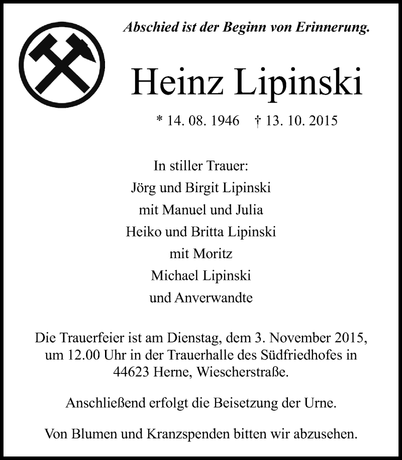  Traueranzeige für Heinz Lipinski vom 31.10.2015 aus Wochenblatt Herne/Wanne-Eickel