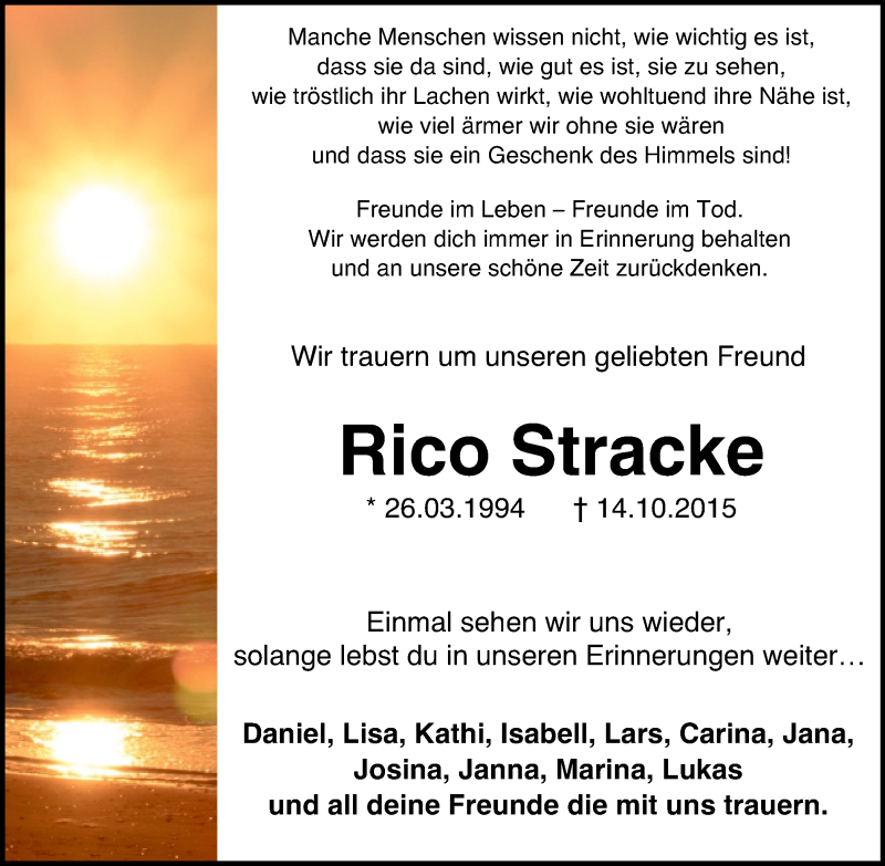  Traueranzeige für Rico Stracke vom 21.10.2015 aus Stadtspiegel Menden + Froendenberg