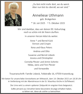 Traueranzeige von Anneliese Uthmann von Klever Wochenblatt