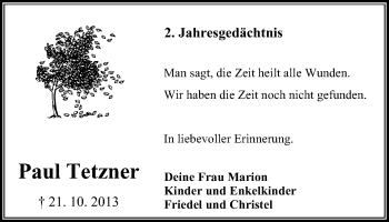 Traueranzeige von Paul Tetzner von Wochen-Anzeiger Oberhausen