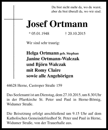 Traueranzeige von Josef Ortmann von Wochenblatt Herne/Wanne-Eickel
