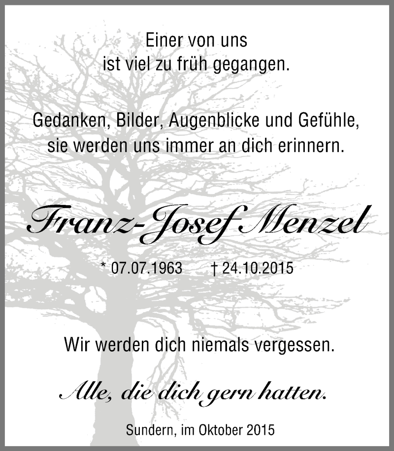  Traueranzeige für Franz-Josef Menzel vom 31.10.2015 aus Kombi WA Arnsberg + Sundern