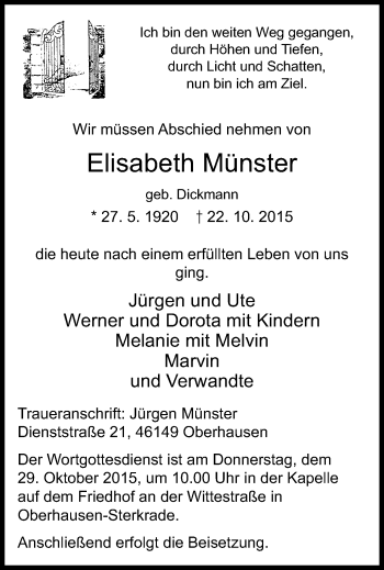 Traueranzeige von Elisabeth Münster von Wochen-Anzeiger Oberhausen